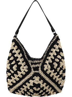 Crochet Straw Shoulder Bag for Women, Large Woven Hobo Tote with Leather Strap,